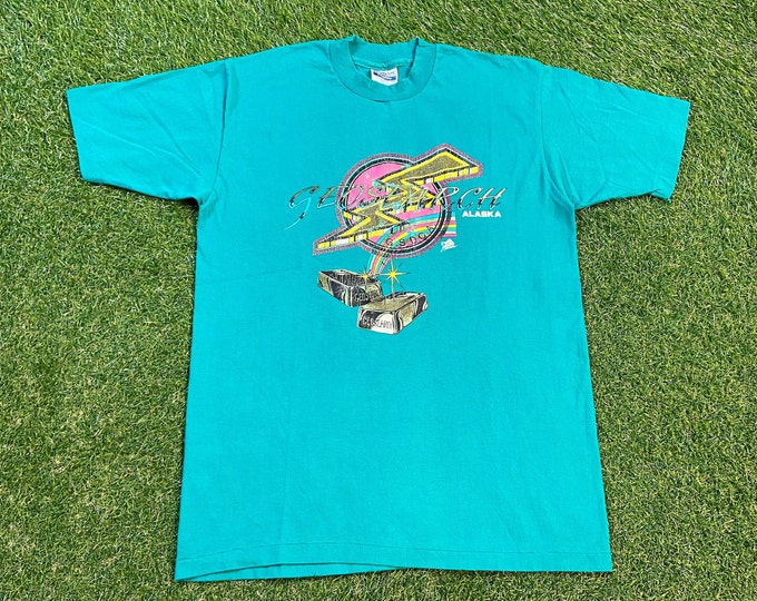 Vintage Geo Search Alaska T Shirt Tee Hanes Made USA Size Large L Northern Lights All Over Print Cool Quality 1990s 90s
