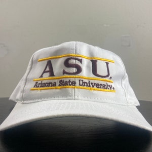 May include: White baseball cap with a maroon "ASU" logo and yellow "Arizona State University" text.