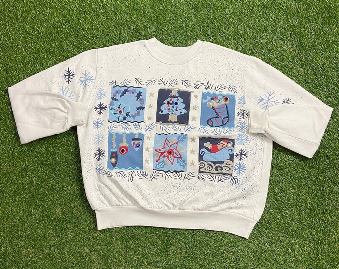 Ugly Christmas Sweater Sweatshirt Happy Holidays Vintage Tacky Holiday Party Classic Merry XMAS Santa Claus Ornaments Size Youth L Pull Over