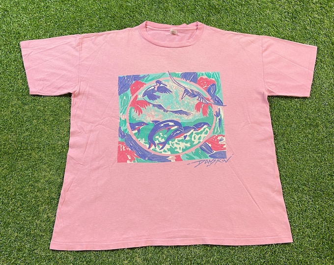 Vintage Danskin T Shirt Tee Made USA Size XXL 2XL Dolphins Sea Life Planet Ocean Animals Habitat All Over Print Cool 1990s 90s