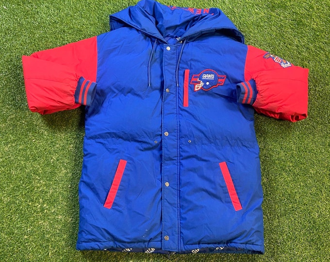 Vintage New York Giants Hoodie Jacket Triple Fat Goose Down Large L NFL Football NYC Meadowlands Eli Manning Parka Coat 1990s 90s Rare Snow