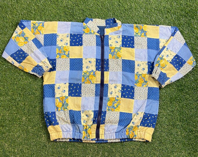 Vintage Floral Jacket Size Medium M Natural Sunflower Seeds Flowers Morning Sun Bees Caterpillars Butterflies Nature Plants 1990s 90s