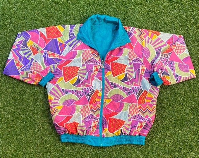 Vintage Graphic Windbreaker Zip Up Jacket Size Medium M Multicolor Streetwear Sport Active Wear Classic Light Rain Coat 1990s
