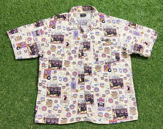 Vintage Ralph Championship Tournament Button Down Shirt Size Large L Bowling Bowl Artsy Wacky Fun Art Original Classic Party Festival Pop