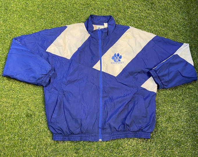 Vintage University Kentucky Wildcats Windbreaker Jacket Size XL NCAA College Basketball Lexington Go Big Blue Classic Light Rain Coat 1990s