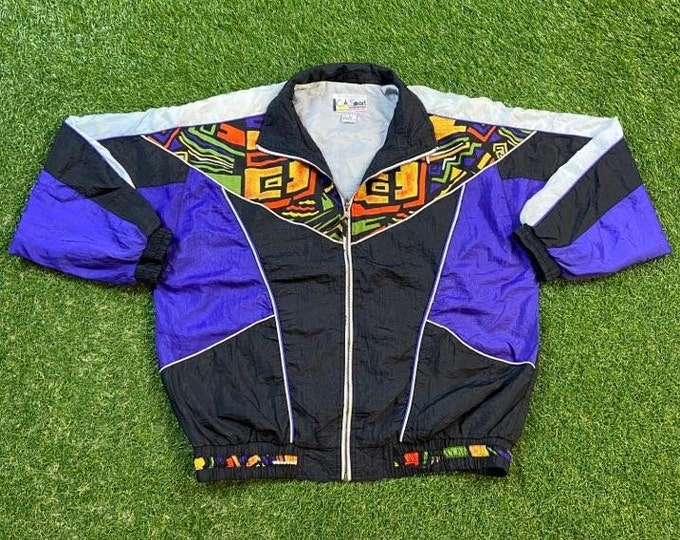 Vintage Graphic Windbreaker Zip Up Jacket CA Sport Size Large L Multicolor Streetwear Sport Active Wear Classic Light Rain Coat 1990s