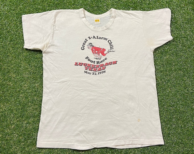 Vintage Great 2 Alarm Chili Foot Race T Shirt Tee Russell Athletic Made USA Size Large L Luckenbach Texas Marathon Food 1970s 70s Original