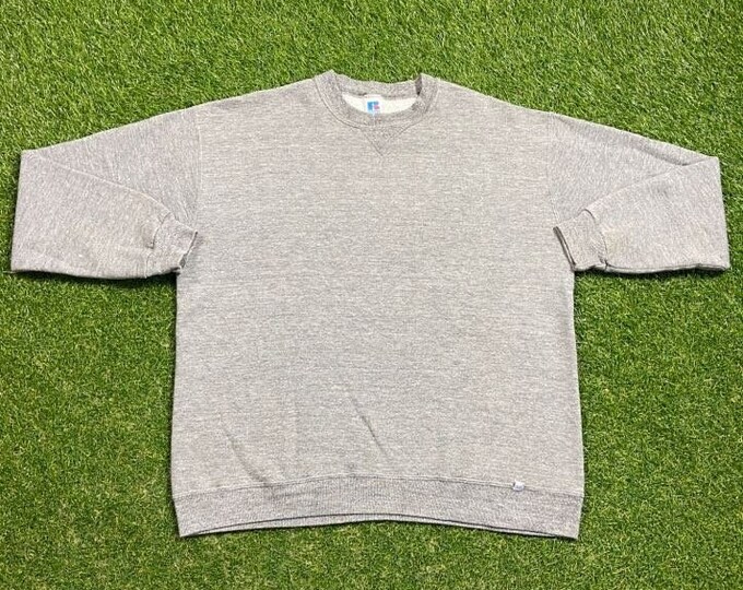 Vintage Gray Crewneck Sweatshirt Russell Athletic Blank Made USA Size XL Tri Blend Rayon Quality Comfy Fit Original Pull Over 1980s 80s