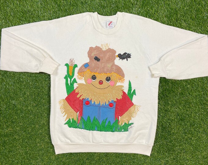 Vintage Scarecrow Crewneck Sweatshirt Jerzees Made USA Size Large L Wizard of Oz Dorothy Pull Over Oversized Grandma Sweater