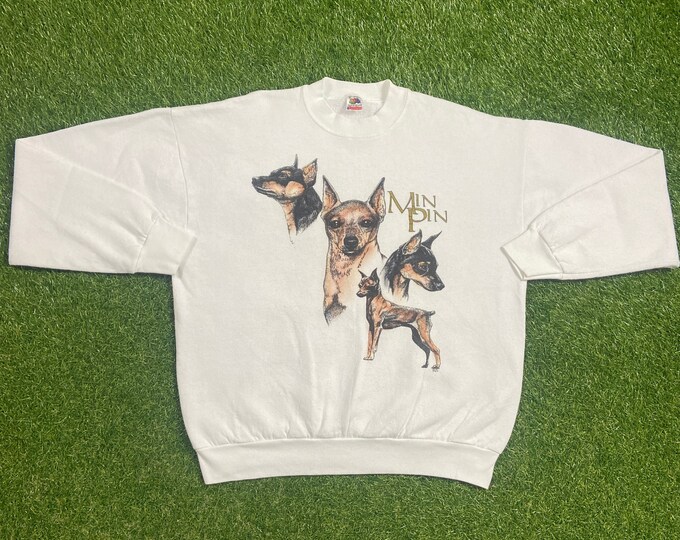Vintage Min Pin Portrait Crewneck Sweatshirt Made USA Size Xtra Large XL Dog Puppy Breed 1990s 90s Pull Over Oversized