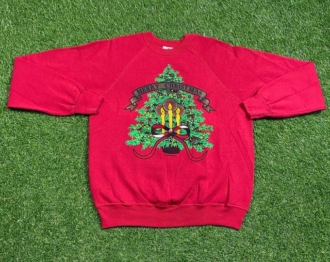 Ugly Christmas Sweater Sweatshirt Vintage Tacky Holiday Party Merry Santa Claus Classic 80s 90s Made USA Size Large Xmas Tree Pull Over