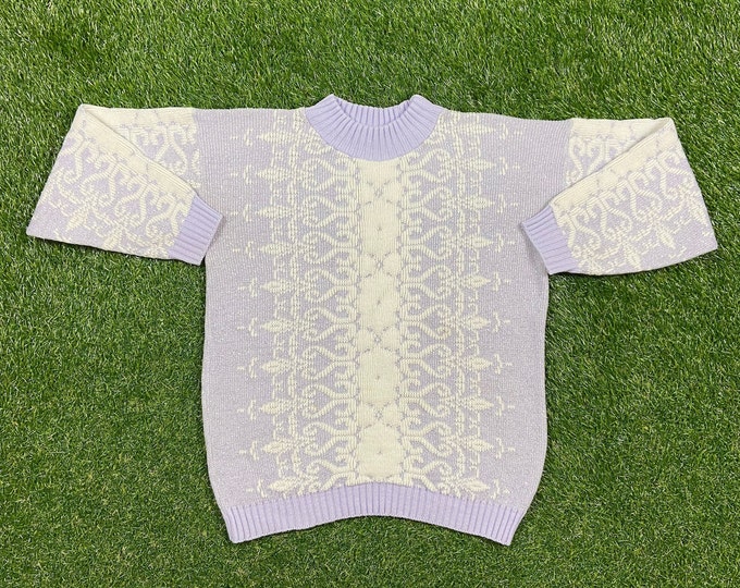 Vintage Rose Blue Multicolor Knitted Crewneck Sweater Made USA Size Small S Quality Warm Winter Fashion Pull Over Oversized 1980s 80s