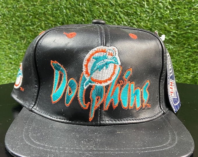 Vintage Miami Dolphins Strap Back Hat OSFA NFL Football Florida 1990s 90s Leather