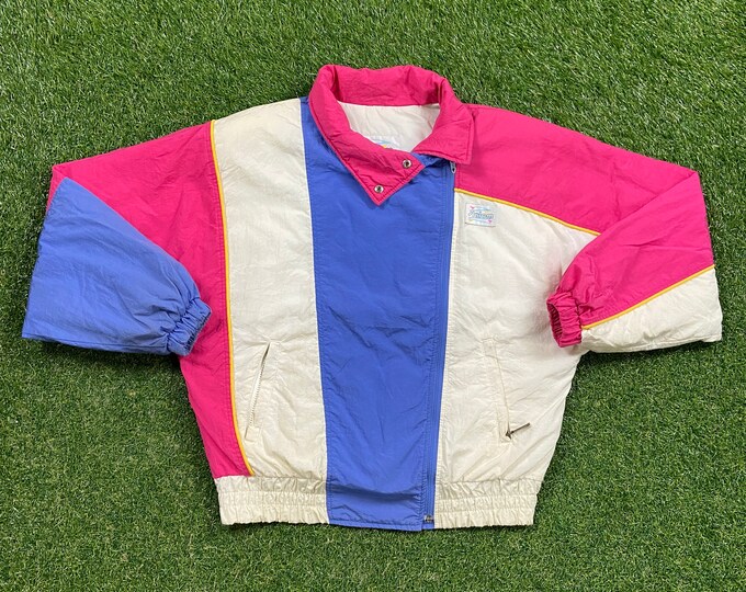 Vintage Graphic Windbreaker Zip Up Jacket Slalom Made USA Size Large L Multicolor Streetwear Sport Active Wear Classic Light Rain Coat 1990s