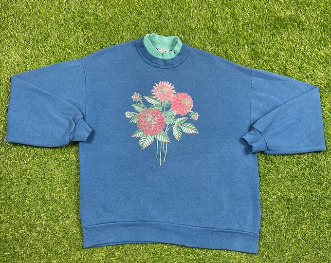 Vintage Flowers Crewneck Sweatshirt Made USA Size Large L Morning Sun Bees Caterpillars Butterflies Nature Plants 1990s Pull Over Oversized