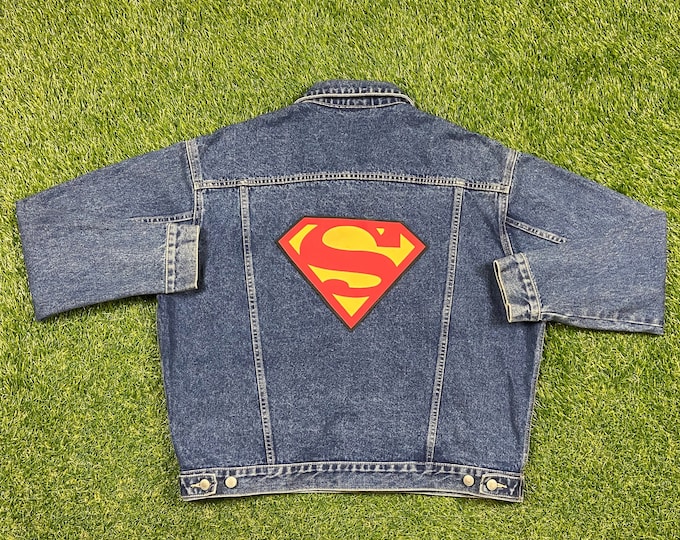 Vintage Superman Jean Jacket Warner Bros Size Large L Man of Steel DC Comics Justice League Clark Kent Super Hero Batman Marvel 1990s 90s