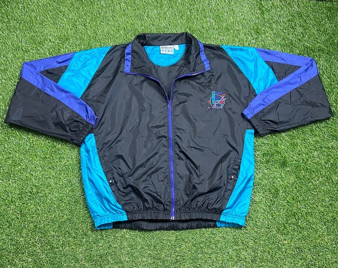 Vintage Graphic Windbreaker Zip Up Jacket Wilson Size Xtra Large XL Multicolor Streetwear Sport Active Wear Classic Light Rain Coat 1990s