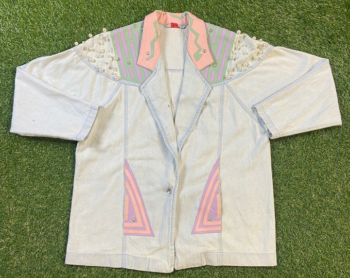 Vintage Artsy Jean Jacket Opal Made USA Size Large L Classic Coat Art Colorful Crazy Fun 1980s 80s