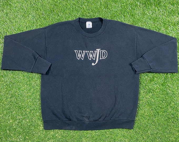 Vintage WWJD What Would Jesus Do? Crewneck Sweatshirt Delta Made USA Size Large L Church Sunday Service Christian Pull Over Oversized