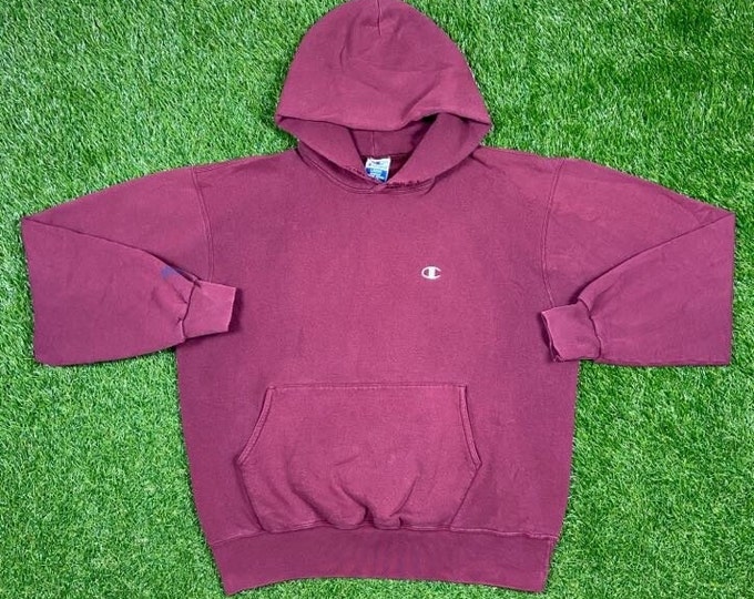 Vintage Plain Burgundy Champion Hoodie Sweatshirt Size Large L Quality 1990's Oversized Comfy Great Fit Original 90s Pull Over Oversized