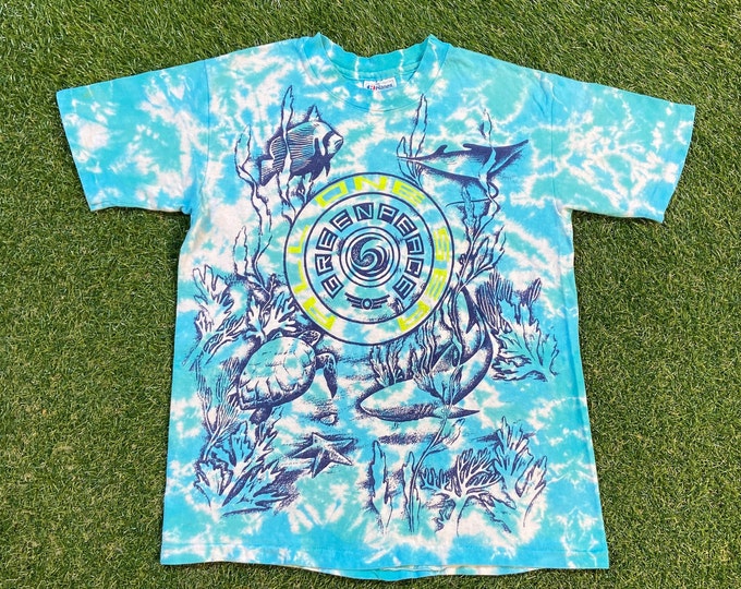 Vintage All One Sea T Shirt Tee Hanes Made USA Medium M Green Peace Sea Life Sea World Planet Ocean Whales Sea Turtles 1990s 90s All Over