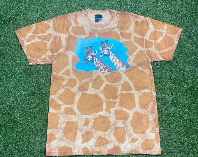 Vintage Giraffe T Shirt Tee Size Large L Animals Environment Wildlife Habitat Zoo All Over Print Art Cool 1990s 90s