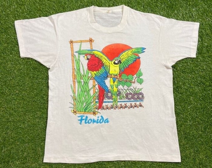 Vintage Florida T Shirt Tee Made USA Size Xtra Large XL Parrot Birds Sarasota Miami Orlando Tropical FL Beach Tourist Travel 1990s 90s