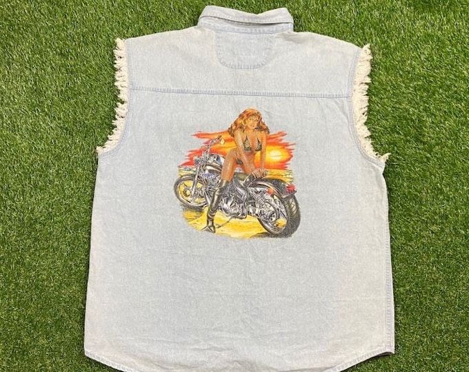 Vintage USA Biker Design Sleeveless Button Down Size 3X Harley Davidson Motorcycle Truckers Biker 1980s Classic Original