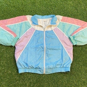 Vintage Graphic Windbreaker Zip Up Jacket Bocoo Size Large L Multicolor Streetwear Sport Active Wear Classic Light Rain Coat 1990s