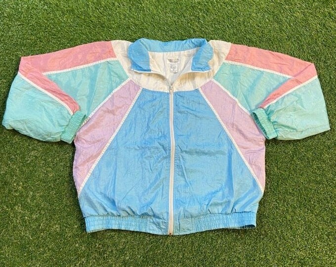 Vintage Graphic Windbreaker Zip Up Jacket Bocoo Size Large L Multicolor Streetwear Sport Active Wear Classic Light Rain Coat 1990s