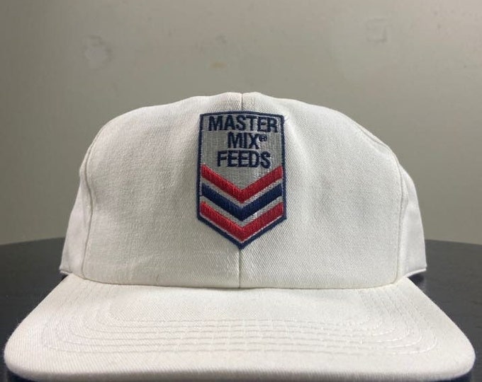 Vintage Master Mix Feeds Snapback Hat K Products Made USA OSFA Construction Tractor Agricultural Machinery Gardening Manufacturer 1980s 80s