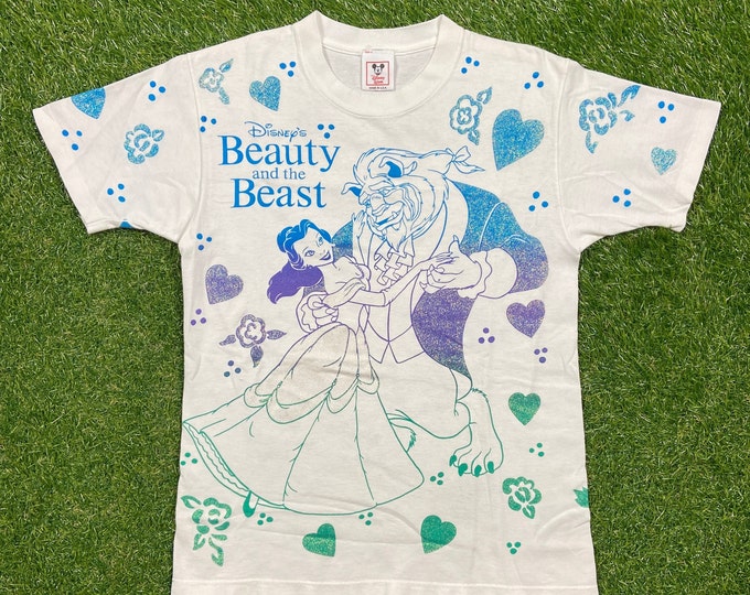 Vintage Beauty and the Beast T Shirt Tee Disney Wear Made USA Size Xtra Small XS 1991 Animated Film Walt Disney World Magic Kingdom All Over