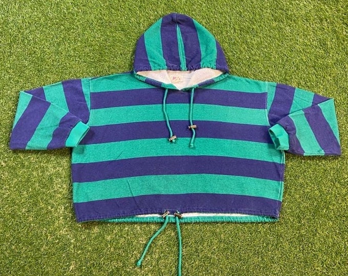 Vintage Striped Blue Green Crop Hoodie Sweatshirt Jake O's Size Medium M Quality 1990s Oversized Comfy Great Fit Original 90s Pull Over