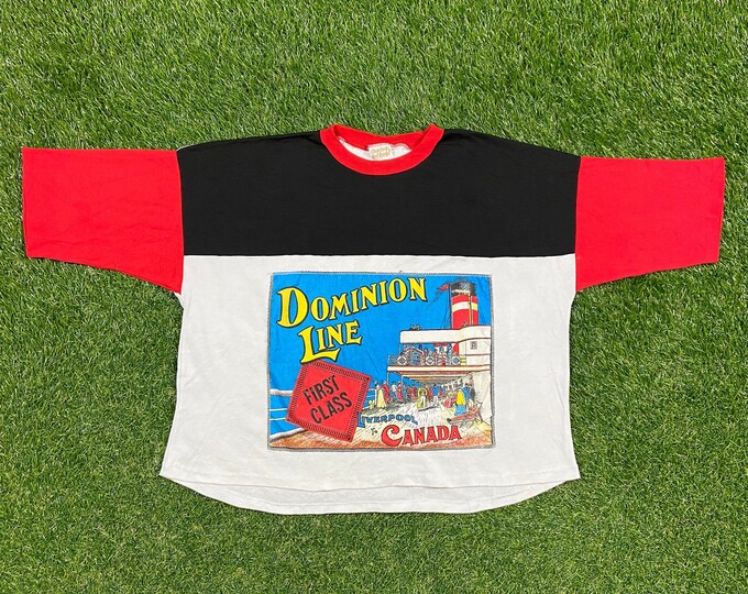 Vintage Dominion Line First Class Liverpool to Canada T Shirt Tee New York Knit Works Made USA Size Large L 1980s 80s