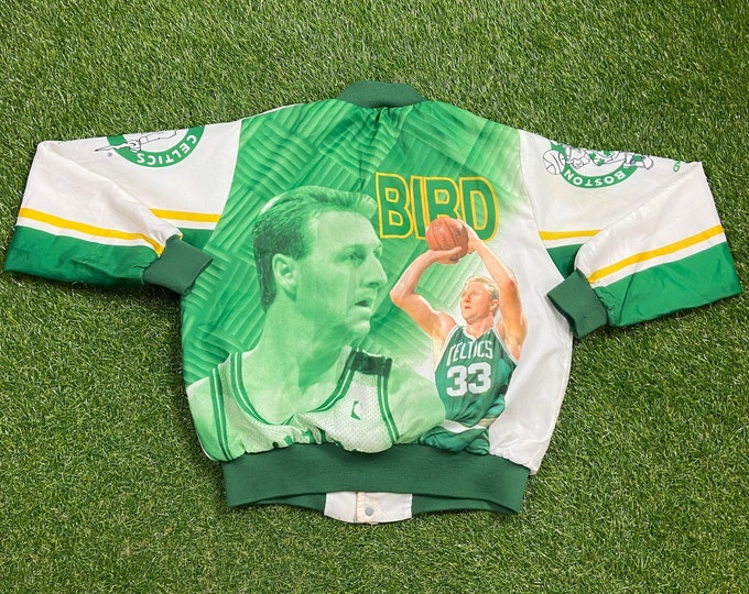Vintage Boston Celtics #33 Larry Bird Satin Varsity Style Coat Bomber Jacket Chalk Line Made USA Size Youth 18/20 NBA Basketball 1990s 90s