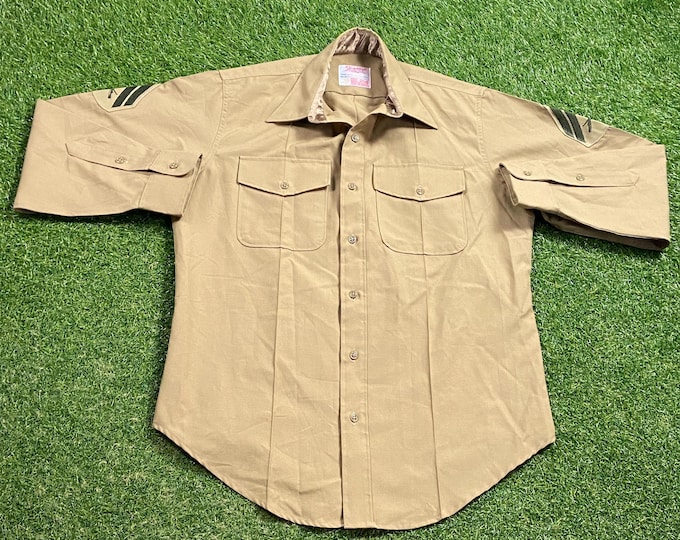 Vintage Military Brown Button Down Shirt Made USA Size Large L Army Marines Navy Air Force United States Veteran 1990s 90s