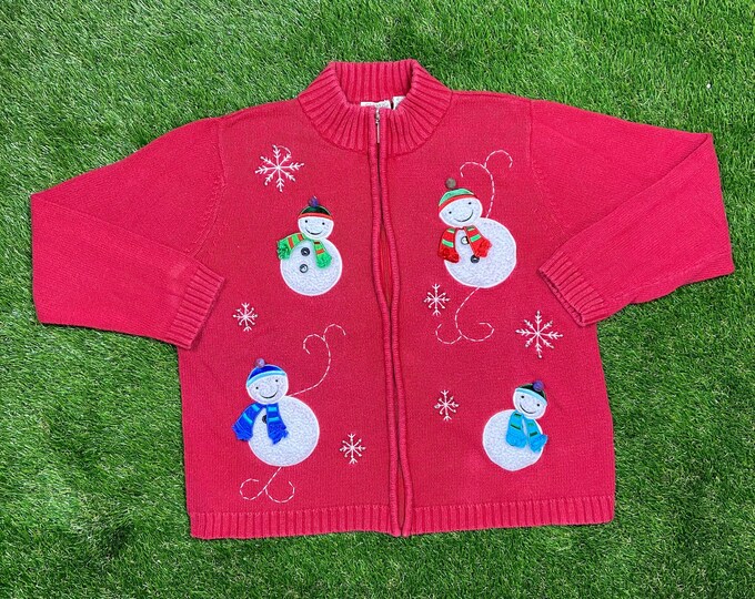 Ugly Snowmen Christmas Sweater Zip Up Vintage Tacky Holiday Party Merry Santa Classic XL Xmas 90s 80s Knit