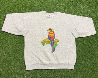 Sudadera vintage de cuello redondo con estampado de loros, fabricada en EE. UU., talla grande (L), con motivos de aves tropicales de la selva tropical y guacamayos de playa, de los años 90. Estilo oversize.