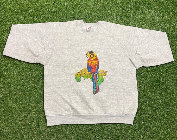 Vintage Parrot Crewneck Sweatshirt Made USA Size Large L Rainforest Tropical Birds Beach Macaw 1990s 90s Pull Over Oversized