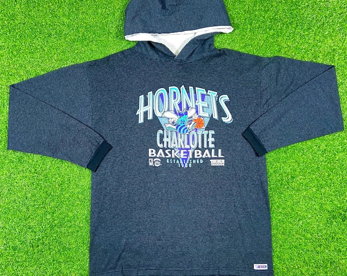 Vintage Charlotte Hornets Striped Spell Out Basketball Hoodie Sweatshirt Pull Over NBA Trench Xtra Large Made USA Warm 90s Oversized New