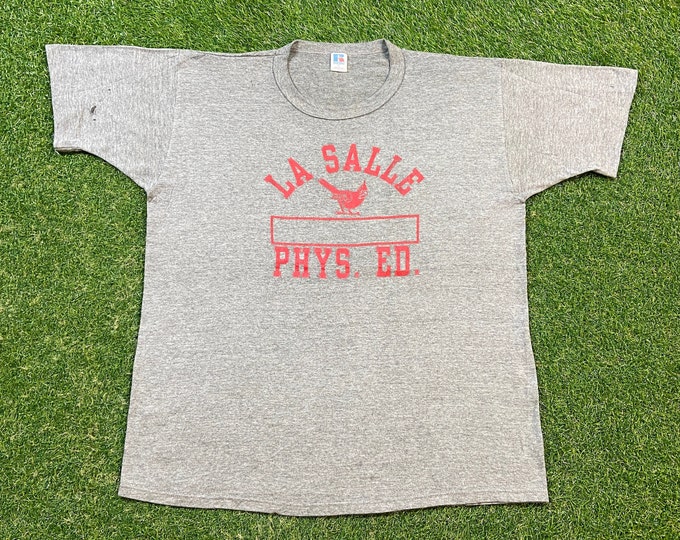Vintage La Salle Physical Education T Shirt Tee Russell Athletic Made USA Xtra Large Academy Cardinals New York 1990s 90s Tri Blend Rayon