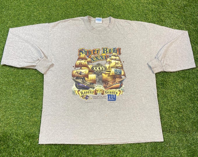 Vintage Super Bowl XXXV 2001 Long Sleeve Shirt Size XXL 2XL NFL Football Baltimore Ravens New York Giants Tampa Bay Florida Ray Lewis 00s