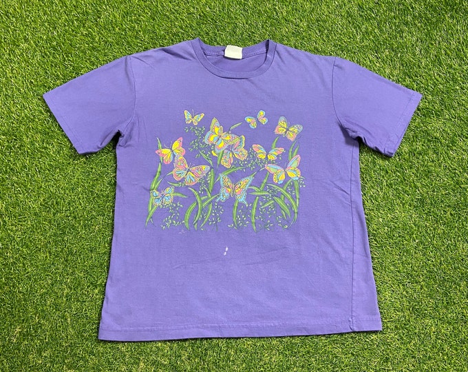 Vintage Butterflies T Shirt Tee Size Medium M Natural Sunflower Seeds Flowers Morning Sun Bees Caterpillars Nature Plants 1990s 90s
