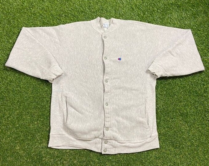 Vintage Plain Gray Champion Reverse Weave Cardigan Crewneck Sweatshirt Large L Quality 1990s Oversized Fit Made USA Original 90s Button Up