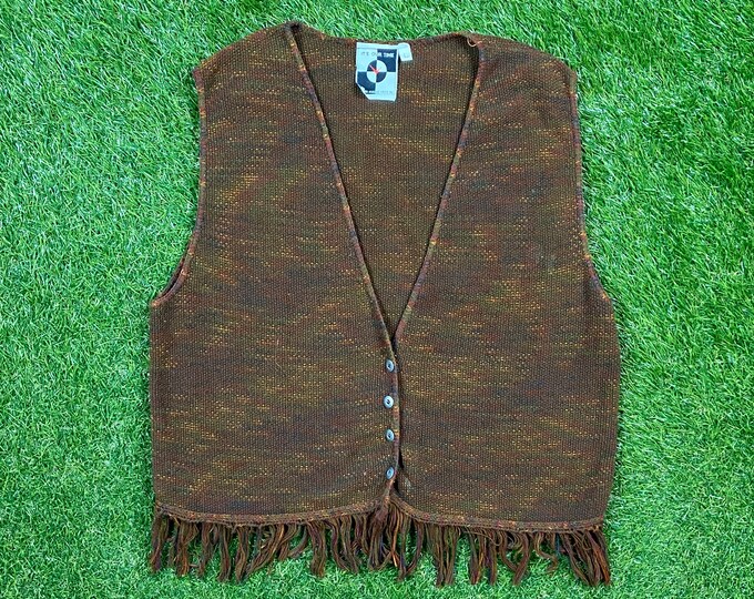 Vintage Brown Vest Sweater It's Our Time Made USA Size Large L Hip Knit 1980s 80s Hippy