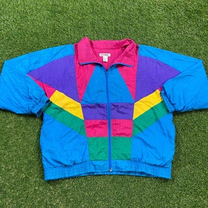 Vintage Graphic Windbreaker Zip Up Jacket Sunterra Size Xtra Large XL Multicolor Streetwear Sport Active Wear Classic Light Rain Coat 1990s