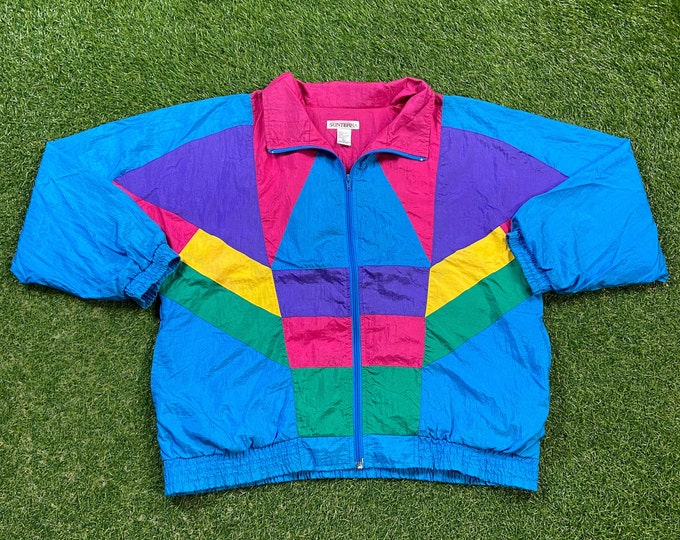 Vintage Graphic Windbreaker Zip Up Jacket Sunterra Size Xtra Large XL Multicolor Streetwear Sport Active Wear Classic Light Rain Coat 1990s