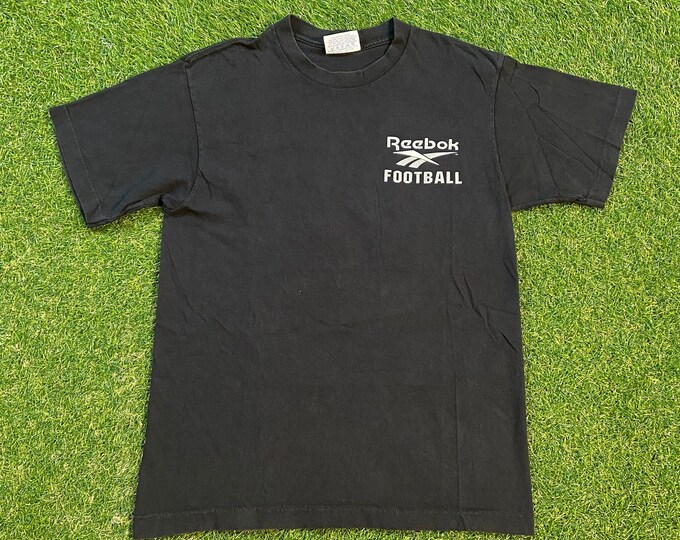 Vintage Reebok Football T Shirt Tee Made USA Size Medium M No Limits No Mercy Classic Sportswear 1990s 90s Big Logo All Over