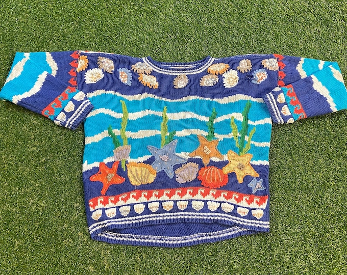 Vintage Lauren Hansen Knit Sweater Size Small S Ocean Floor Planet Ocean Sea Life Finding Starfish 1990s 90s Pull Over Handmade Hand Knit