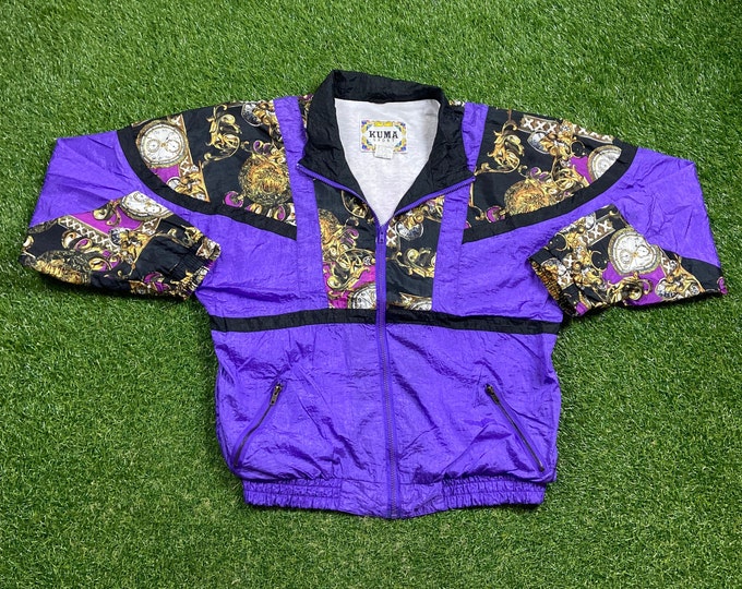 Vintage Graphic Windbreaker Zip Up Jacket Kuma Sport Size Xtra Large XL Multicolor Streetwear Sport Active Wear Classic Light Coat 1990s 90s